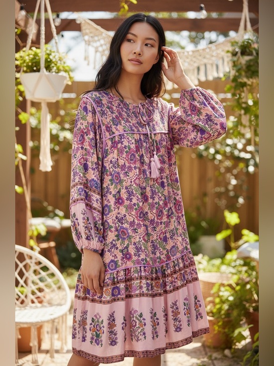 Umgee Dresses & Skirts - Umgee Lavender Floral Boho Tie-Neck Dress